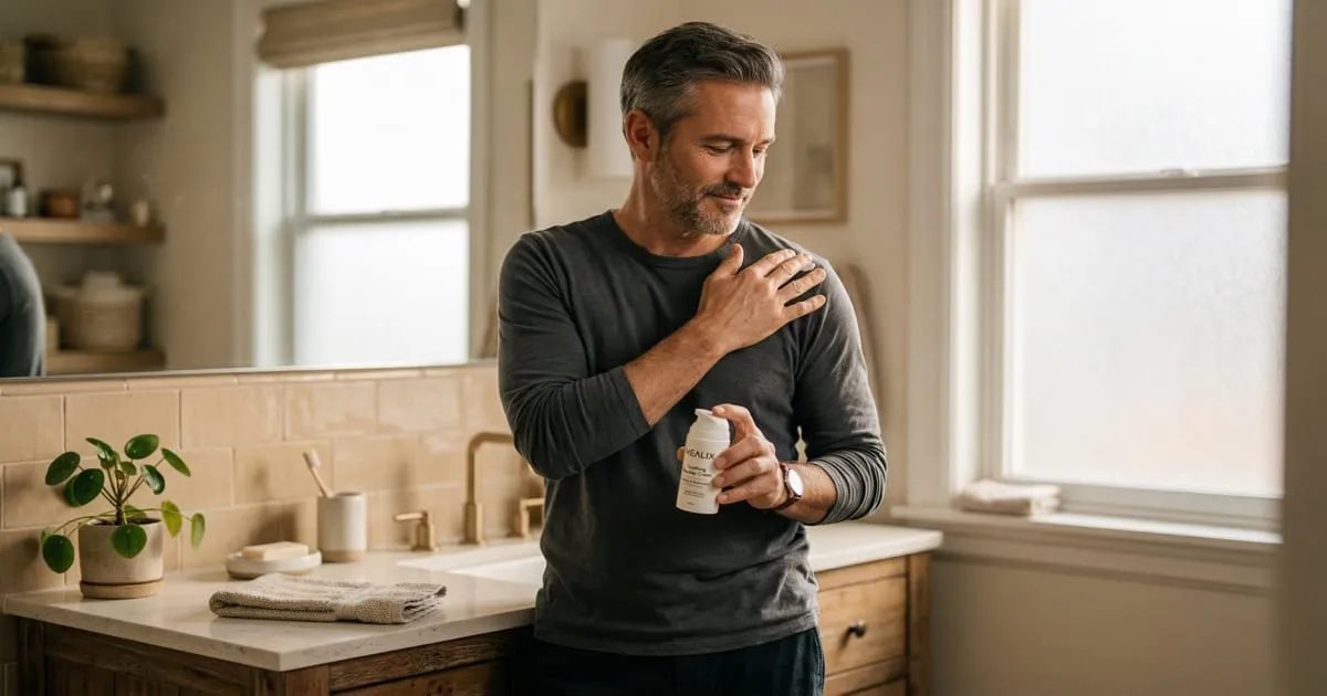 Man applying testosterone cream at home bathroom counter, morning light