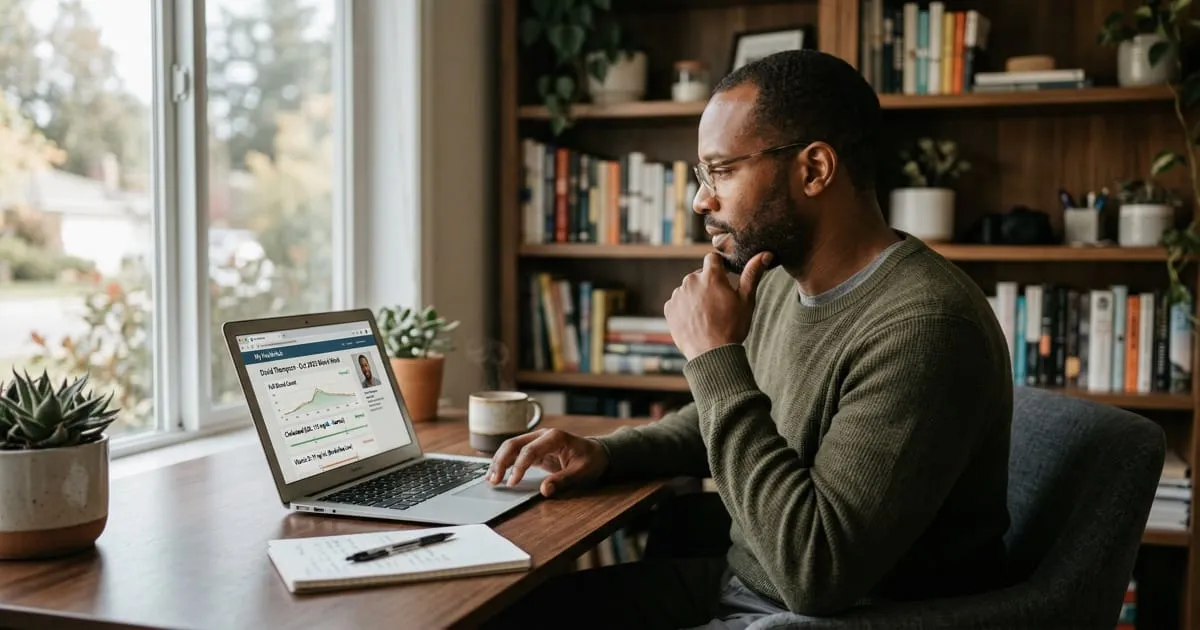 Man reviewing health data on laptop at home desk, warm morning light